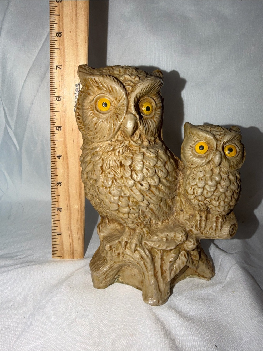 Vintage Resin Owl Figurine Mother & Owlet Mother on Branch Figurine Yellow Eyes - Picture 5 of 9